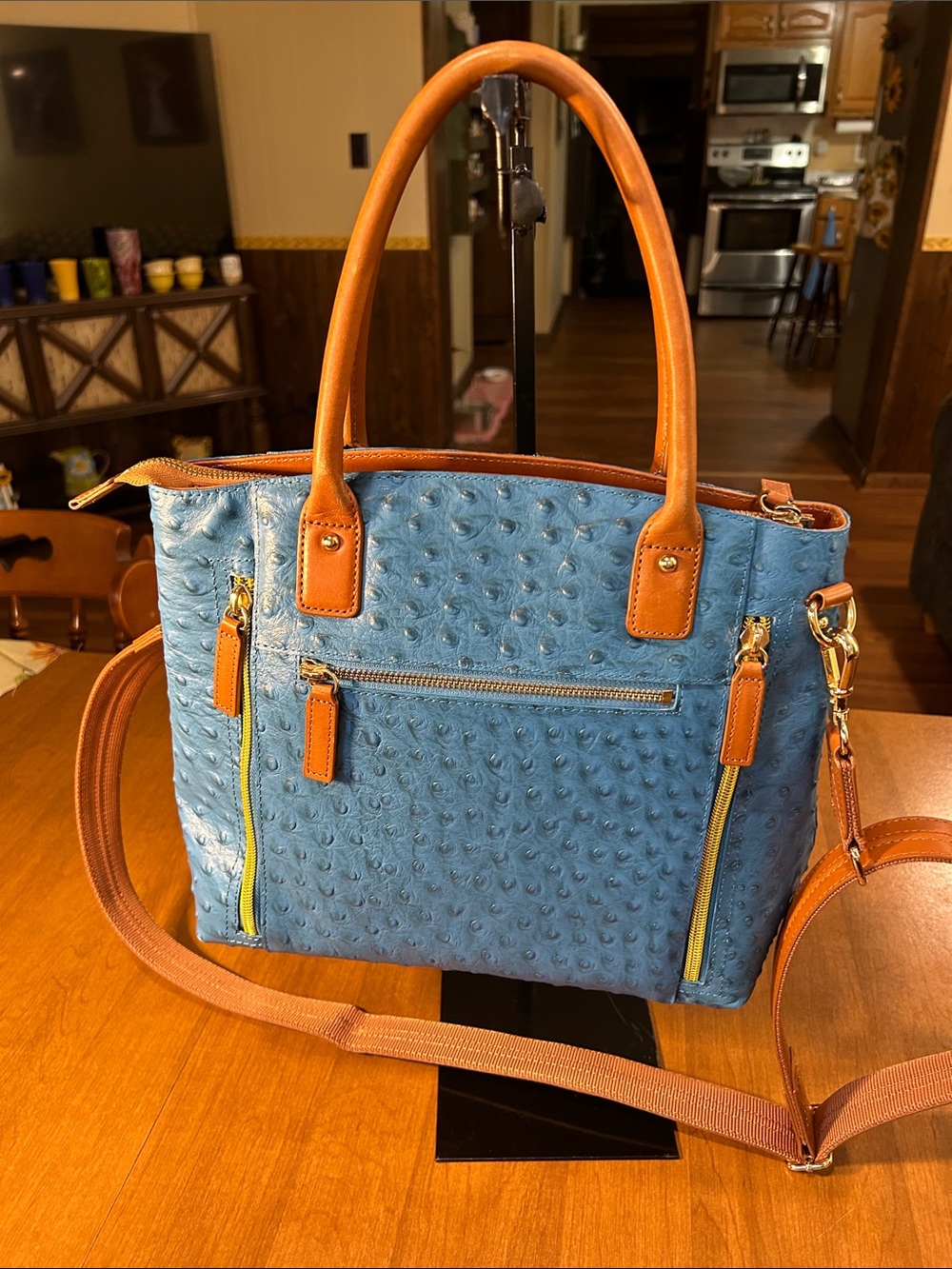 Blue Faux-Ostrich conceal & Carry Tote Bag Shoulder & Crossbody
